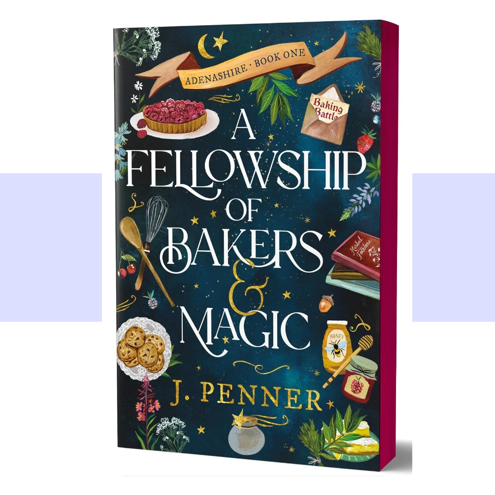Cover for A Fellowship of Bakers and Magic in white text by J. Penner in gold text. Cover features a dark blue background borders with cookies, a pie, a wooden spoon, whisk, honey and recipe books with a smattering of stars and herbs surrounding it.