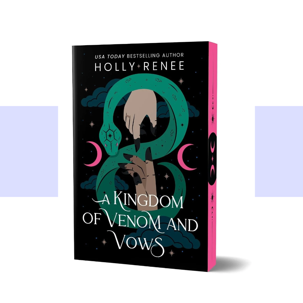 The book cover of A Kingdom of Blood and Betrayal by Holly Renee features a black background scattered with tiny stars and celestial details. At the center, a vivid magenta anatomical heart is topped with an ornate silver crown adorned with turquoise and magenta jewels. A long dagger runs vertically through the heart, its blade extending upward past the crown and its point descending below the heart. Two hands with dark-painted nails reach inward appearing to hold the central green serpent.