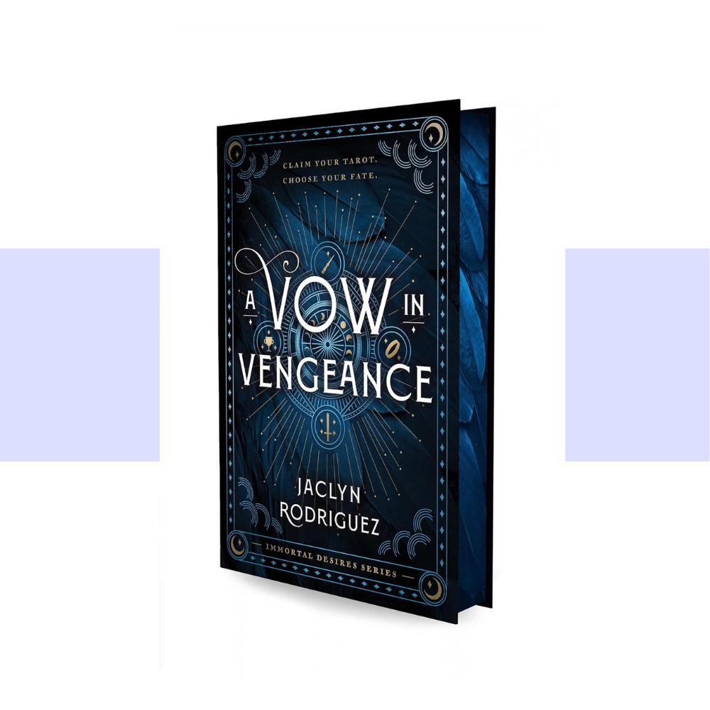 Book cover for A Vow in Vengeance by Jaclyn Rodriguez written in white text. Cover art is dark blue with a border of light blue and yellow design with small stars and symbols radiating out of the middle.