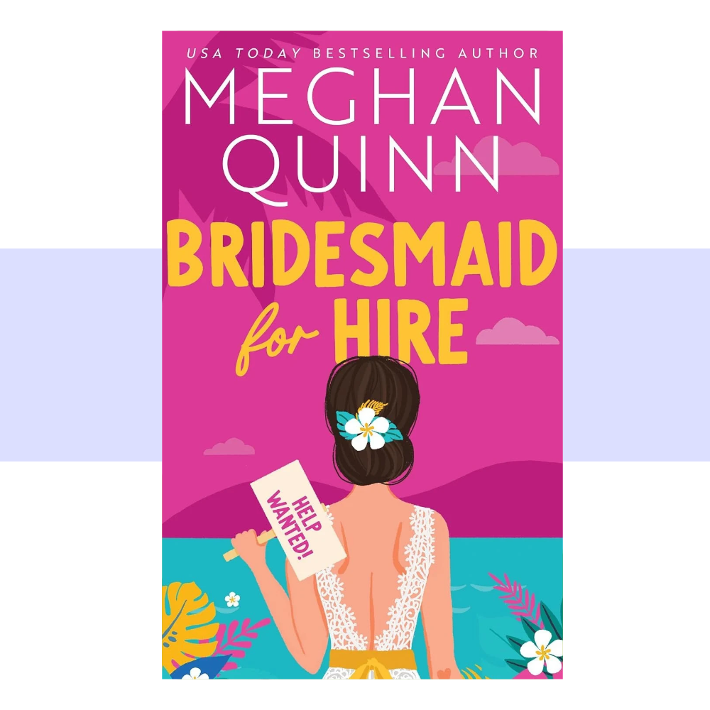 A bright, playful contemporary romance cover featuring a tropical Bora Bora-inspired setting with a vibrant, sun-soaked color palette. The design uses warm pink, coral, peach, and turquoise tones, creating a cheerful vacation atmosphere. The title "BRIDESMAID FOR HIRE" appears prominently in large, bold white and contrasting pink lettering, with playful typography that emphasizes the romantic-comedy tone. Tropical foliage, resort-inspired details, and wedding-themed imagery surround the title.