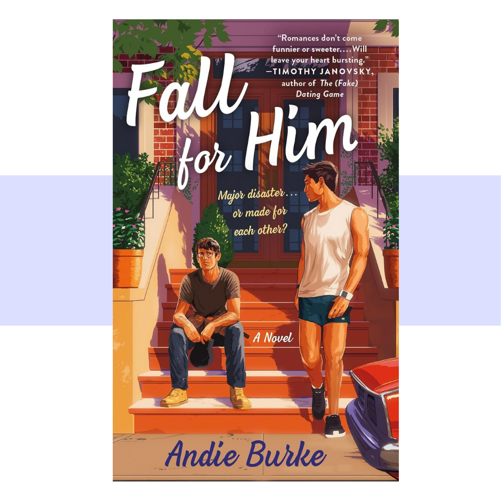 Book cover for Fall for Him by Andie Burke. Cover features colored drawing of a man sitting on the stairs outside a building with another man standing and looking back at him.
