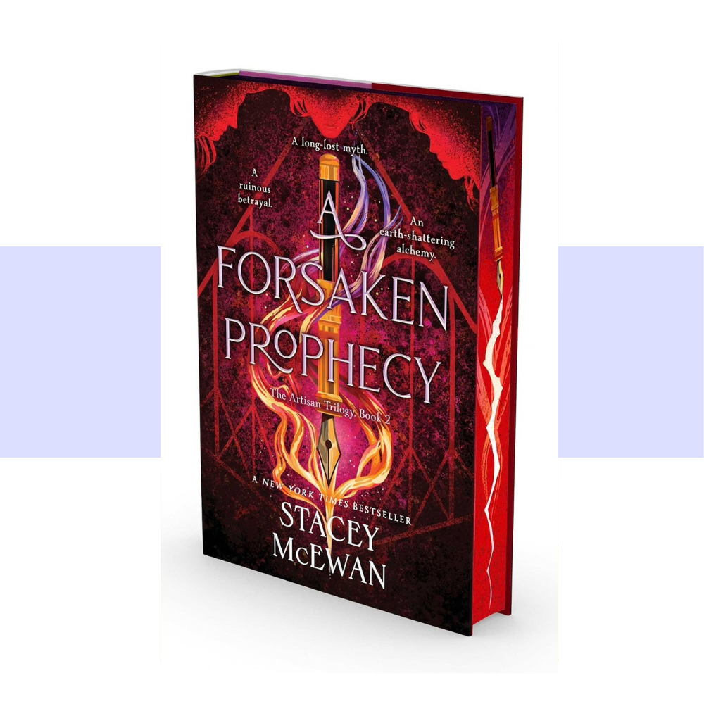 Book Cover Text for A Forsaken Prophecy by Stacey McEwan. Red background with white text. A sword is in the foreground with flames surrounding it.