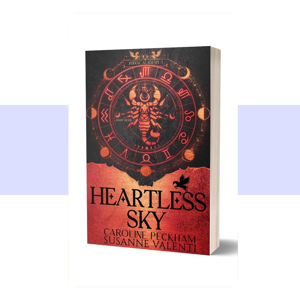 The cover of Zodiac Academy 7: Heartless Sky features a dark, dramatic celestial fantasy design with a predominantly black and deep midnight-blue background, accented by intricate metallic gold detailing. An ornate zodiac emblem and astrological symbols create a sense of ancient magic and destiny, while decorative celestial elements reinforce the series' star-driven mythology. The title "HEARTLESS SKY" appears prominently in large, elegant gold lettering, with "ZODIAC ACADEMY 7" incorporated into the design