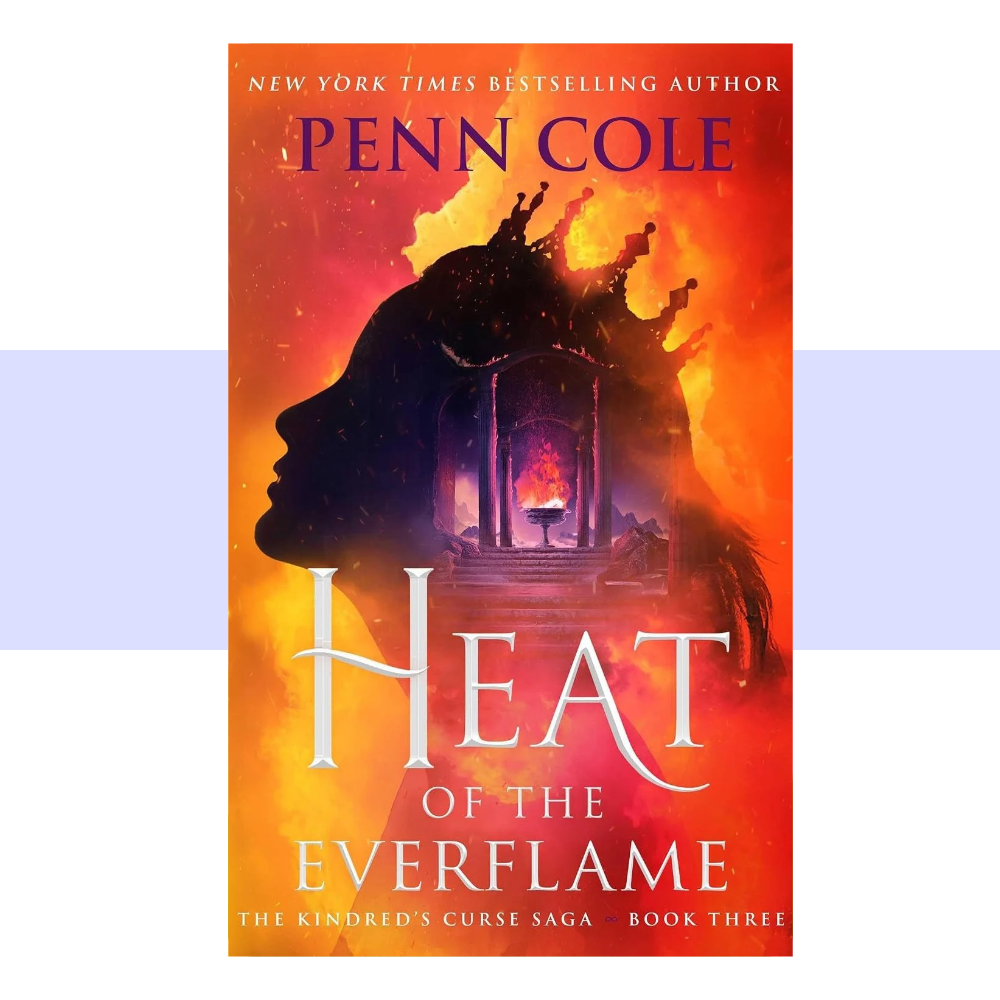 The collectible hardcover cover of Glow of the Everflame features a dramatic profile silhouette of a woman facing left, rendered in deep black and dark blue. Within and around her silhouette is a towering, shadowy castle with glowing windows and architectural details, surrounded by swirling clouds, sparks, and fiery light. The background transitions through vivid shades of golden yellow, amber, orange, and deep red, creating the appearance of flames surrounding the dark figure and castle.