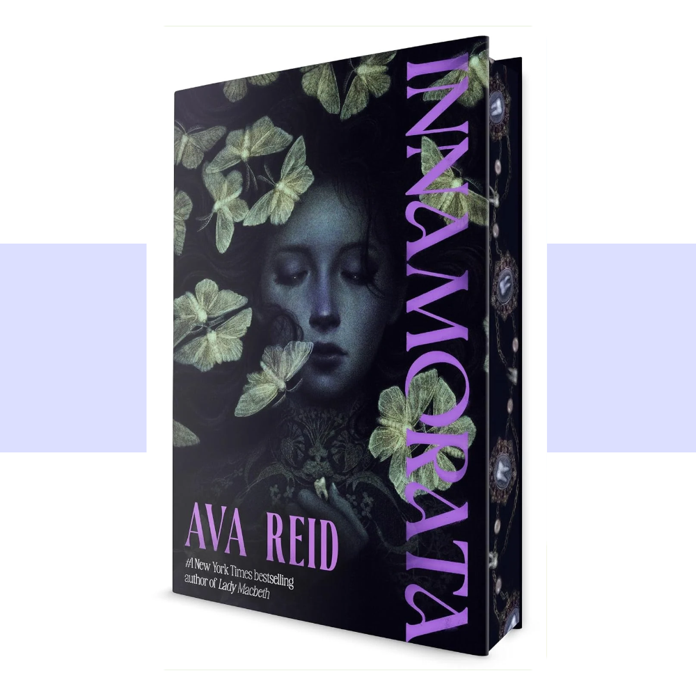 Book cover for Innamorata by Ava Reid. The cover has a predominantly black and deep charcoal background with an ornate, gothic aesthetic. At the center is a pale, dark-haired woman in a richly detailed historical-style gown, shown within an elaborate antique mirror or arched frame. The scene is surrounded by shadowy floral and botanical details in muted greens, burgundy, dusty pink, and cream, creating an eerie, romantic atmosphere. A large vertical title, “INNAMORATA,” runs along the right side.