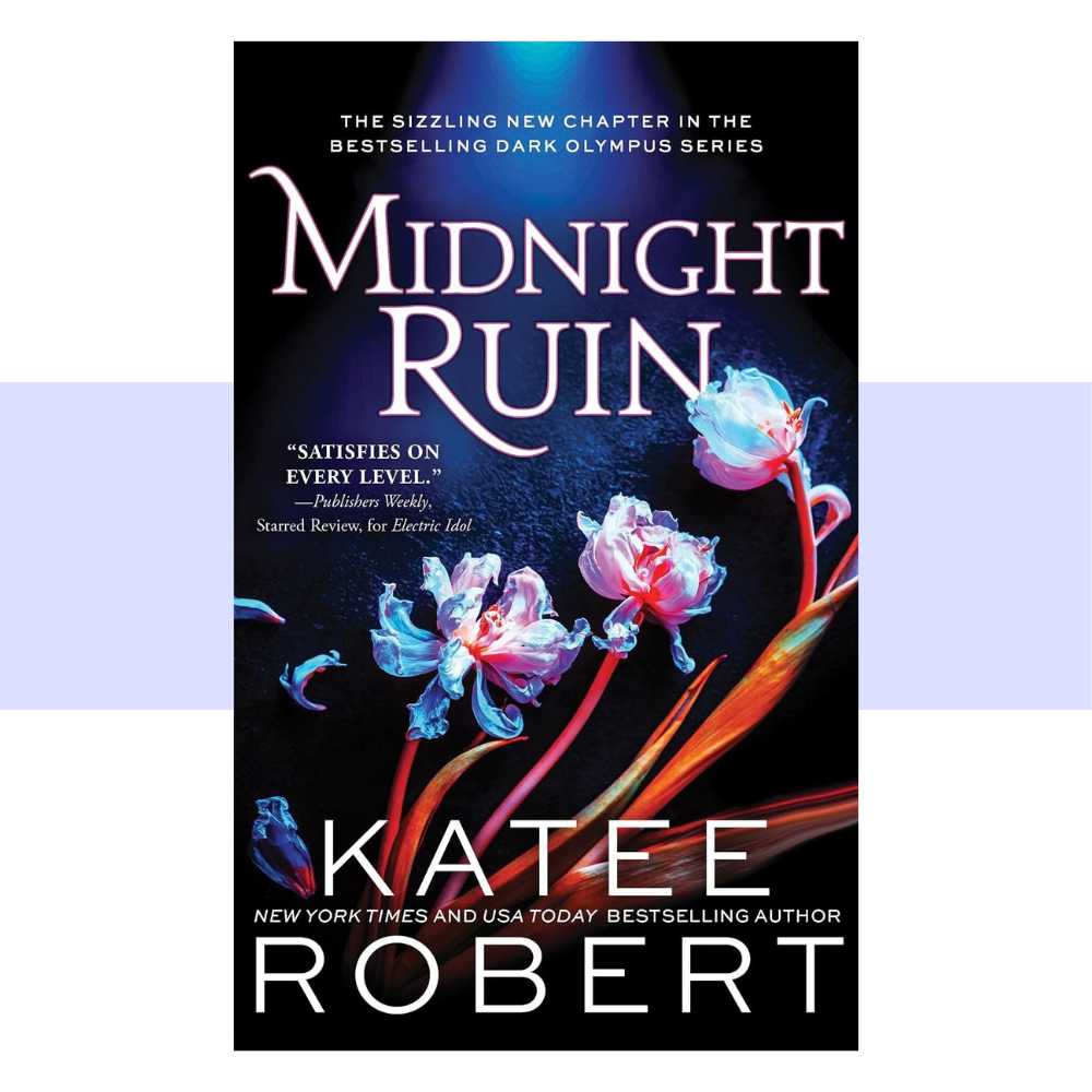 Book cover for Midnight Ruin by Katee Robert, featuring a dark, dramatic romantic design with imagery inspired by the underworld and the modern Greek mythology setting of Dark Olympus.