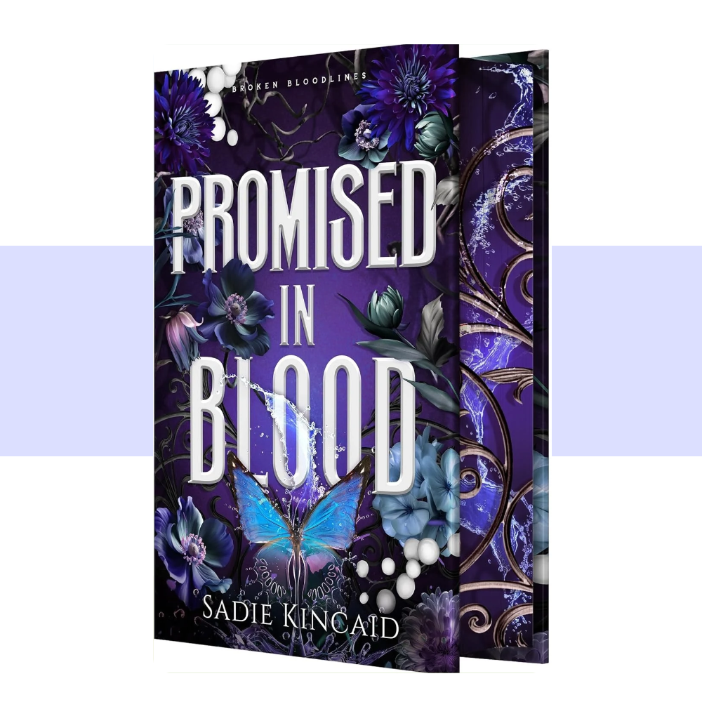 The cover of Promised in Blood by Sadie Kincaid features a dark, dramatic fantasy-romance design. The title and author name appear against richly detailed artwork that reflects the story’s supernatural atmosphere, with the deluxe first print run adding sprayed edges decorated with stenciled artwork.