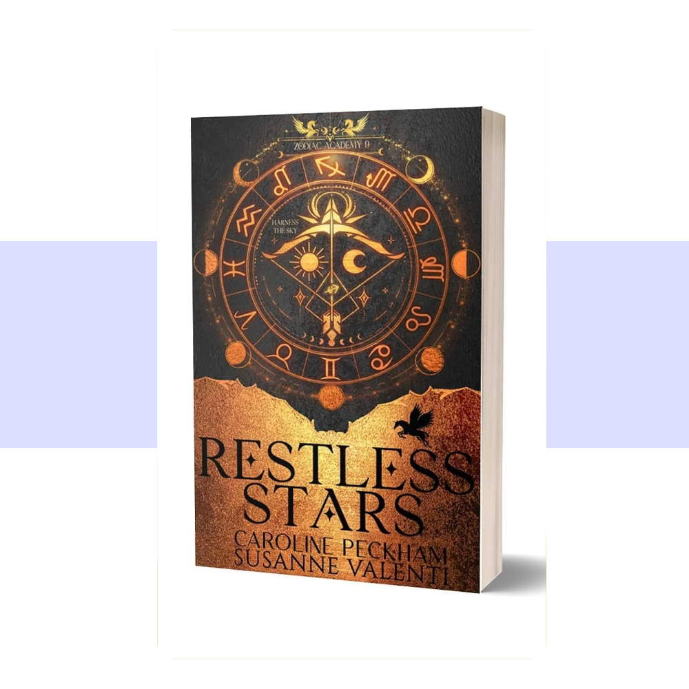 The cover of Restless Stars features a dark, celestial fantasy design inspired by the Zodiac Academy world. The artwork uses a dramatic palette of black and deep midnight blue, accented with metallic gold and luminous celestial details. Intricate zodiac symbols and an ornate astrological motif evoke the power of the stars and the characters' fated destinies. The title "RESTLESS STARS" is displayed prominently in bold, decorative gold lettering, with the authors' names in black.