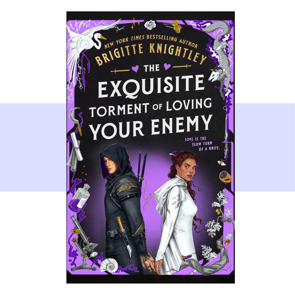 Book cover for The Exquisite Torment of Loving Your Enemy by Brigitte Knightley written in white texts on a dark and light purple background. Cover features a man dressed in black with a hood on and with swords and dagger standing with his back to a woman dressed in a hooded white gown. They are both reaching for each others's hand and lightly touching. The border of the cover art is in shades of white, gray and gold featuring a swan, potion bottle, scrolls, a ring and flowers.
