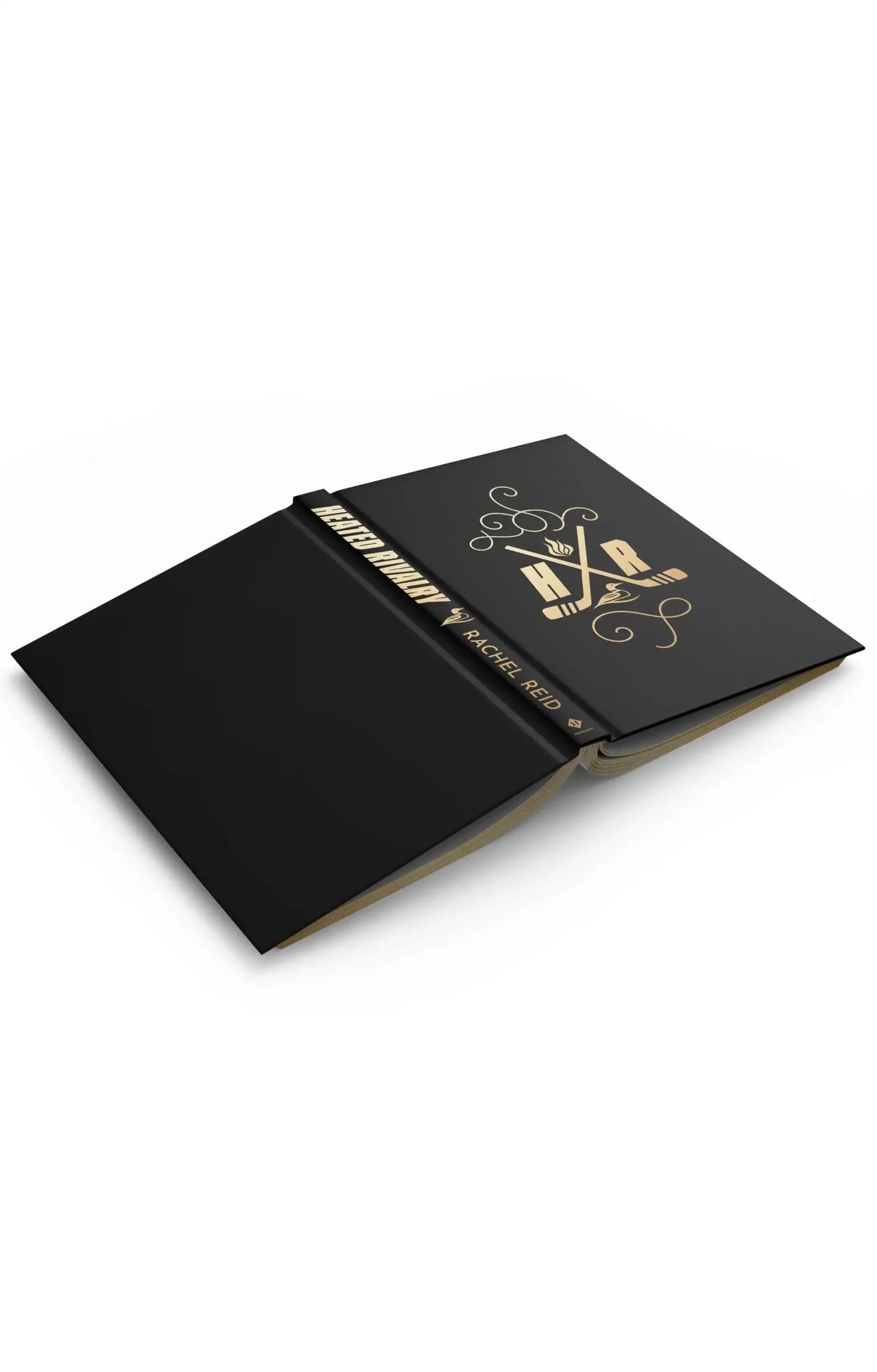 A black hardcover book with gold foil detailing on the spine and cover, shown open at an angle on a clean white background.