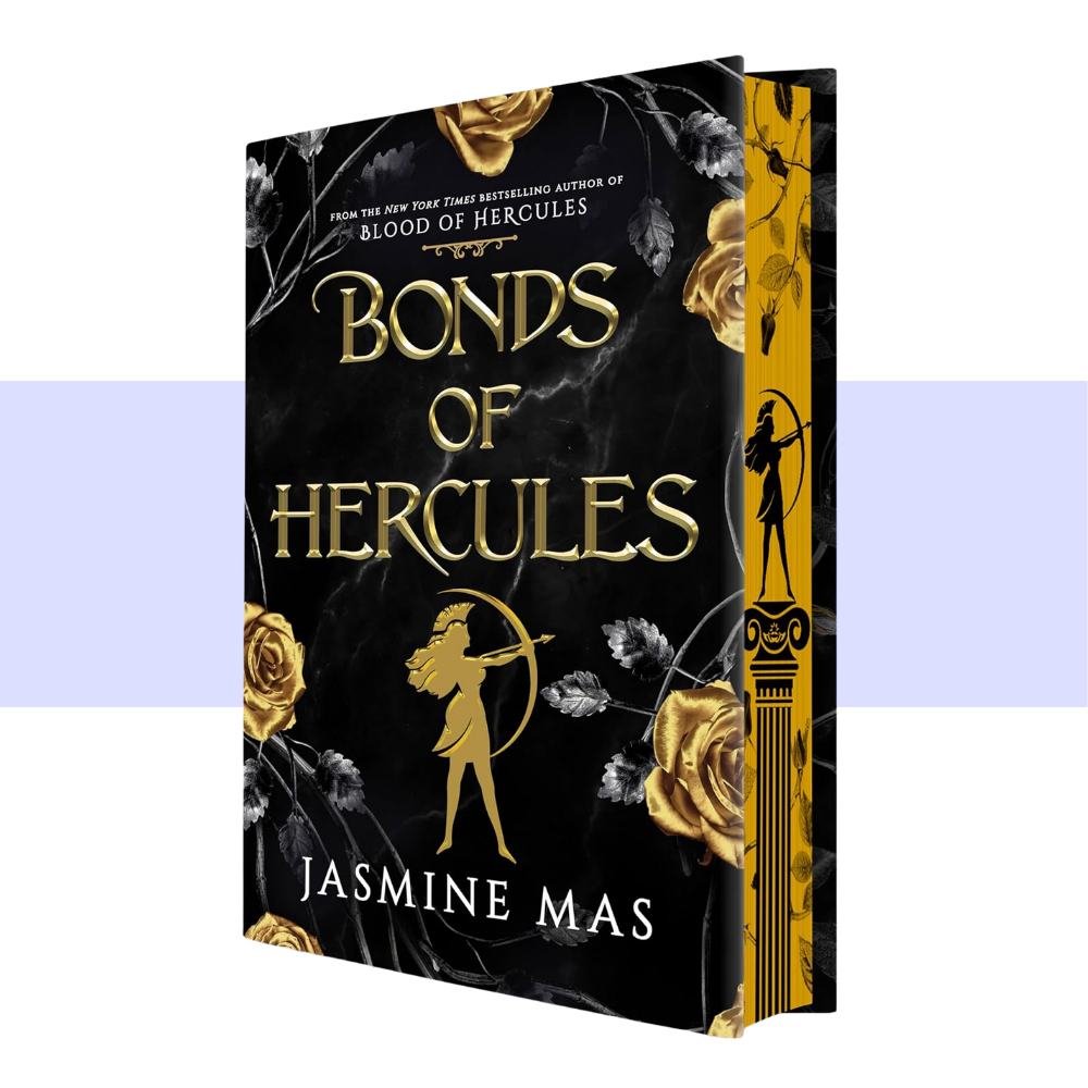 The book cover of 'Bonds of Hercules' by Jasmine Mas, featuring a black marble-textured background with gold foil-style lettering, gold roses, and a gold silhouette of a bowhunter. The spine is yellow with a black column design and a bowhunter silhouette.
