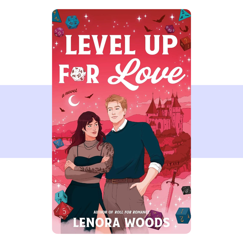 Book cover for 'Level Up for Love' by Lenora Woods, featuring an illustrated red and pink fantasy scene with a couple standing in front of a castle, surrounded by dice, bats, and stars.