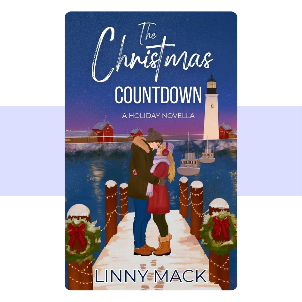 Book cover for 'The Christmas Countdown' by Linny Mack, featuring an illustrated winter harbor scene with a couple embracing on a dock, a lighthouse, boats, and holiday wreaths under a dark blue sky.