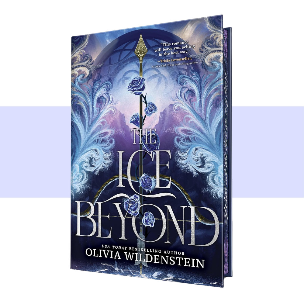 The Ice Beyond book cover by Olivia Wildenstein, featuring a dark blue and purple fantasy illustration with a glowing face, ornate blue floral scrollwork, and a central rose on a book mockup against a white background with a light purple horizontal band.