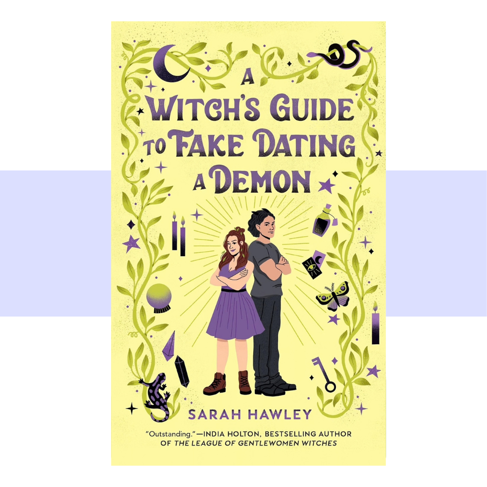Book cover text for A Witch's Guide to Take Dating a Demon. Purple text on a yellow background featuring a woman dressed in a purple dress with her arms crossed and backed up to man dressing in black with his arms. crossed. Border of vines with a serpent, gent, candles, crystal ball, moon, potion bottle, etc.