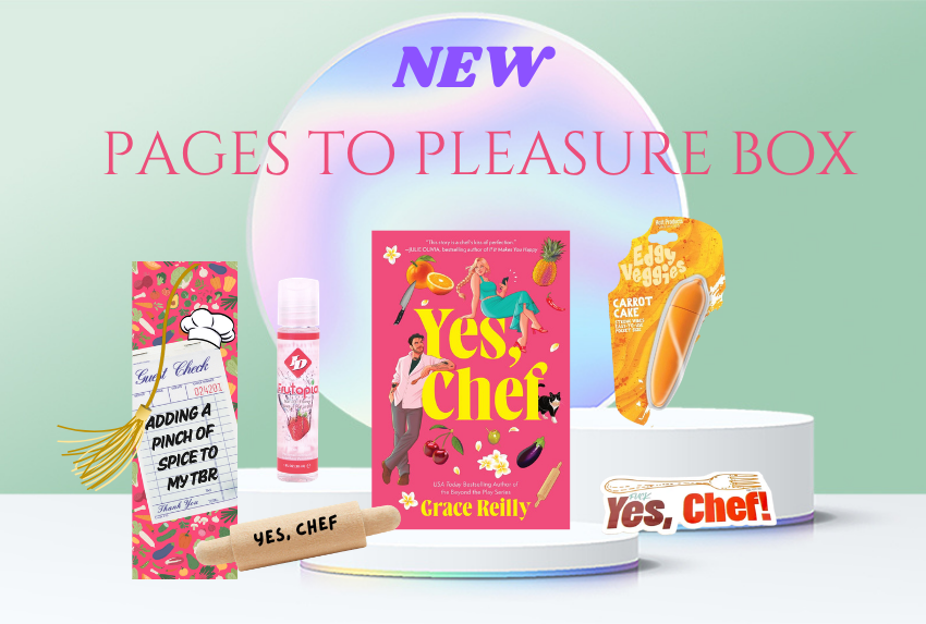 green background with lettering announcing new page to pleasure box with images of a carrot vibrating toy, yes chef book, fruit flavored lubricant, mini rolling pin, yes chef bookmark and sticker