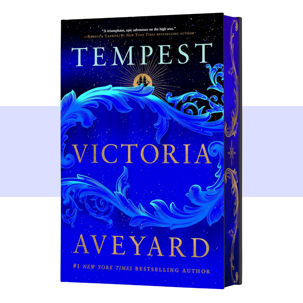 Book cover of the novel 'Tempest Victoria' by Aveyard, featuring a deep blue background with ornate blue wave-like patterns and gold lettering, shown as a 3D book mockup against a white background with a light purple horizontal band.