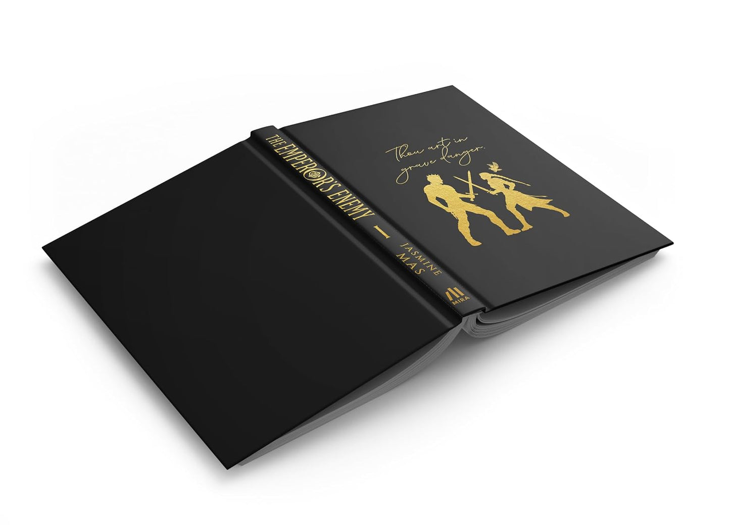 Black notebook with gold design and text on a white background