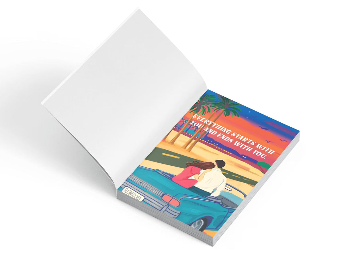 inside of book for Say You'll Remember Me by Abby Jimenez featuring a couple in a blue convertible watching a sunset on the beach 