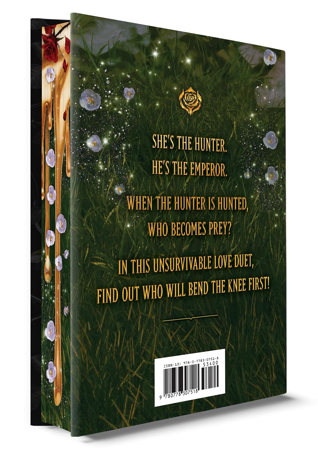 Book cover showing the back of a romance novel titled 'She's the Hunter, He's the Emperor' with a dark green grassy background, glowing fairy lights, and gold text.