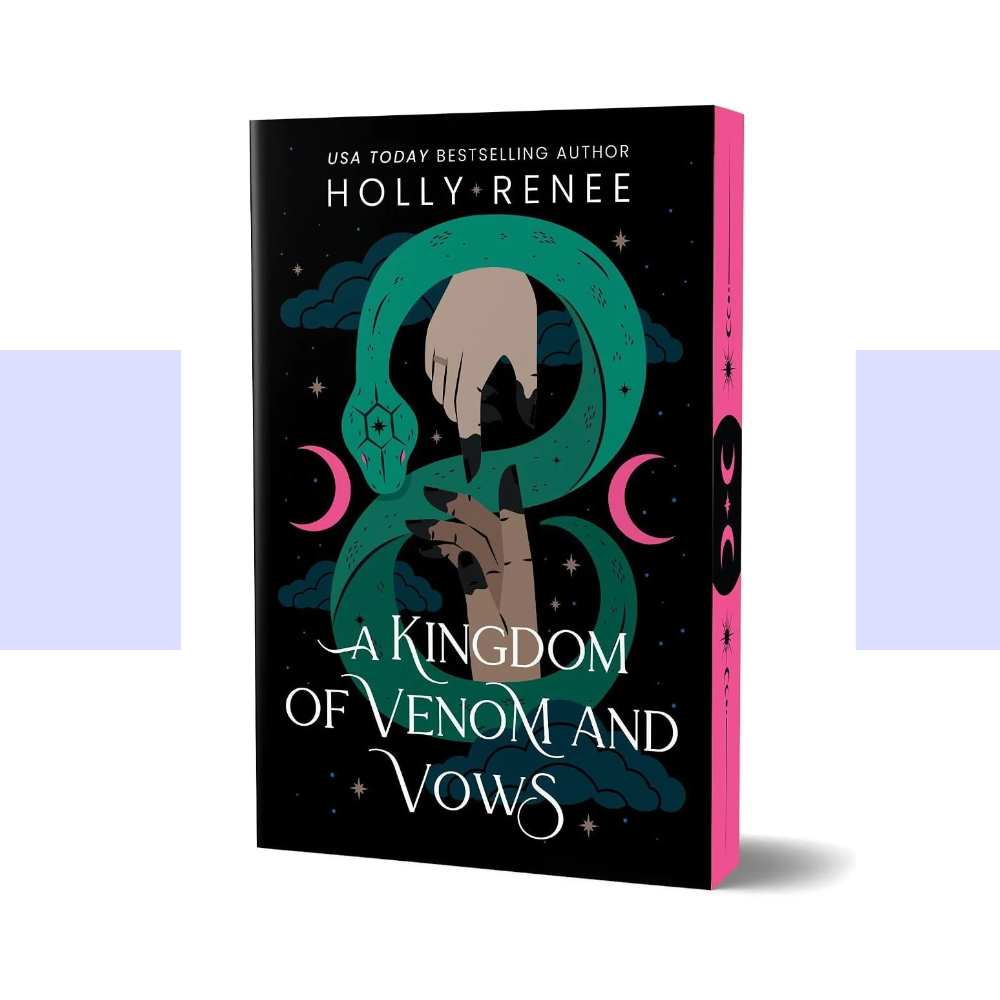 The cover of A Kingdom of Venom and Vows by Holly Renee features a deep black background scattered with tiny stars. A large, stylized teal serpent coils vertically around a pale hand and arm at the center, creating a striking image of danger and enchantment. Teal cloud-like shapes and delicate celestial symbols fill parts of the background, while bright pink crescent moons and small starbursts add vivid contrast. The title, A Kingdom of Venom and Vows, appears across the lower half in white letters.
