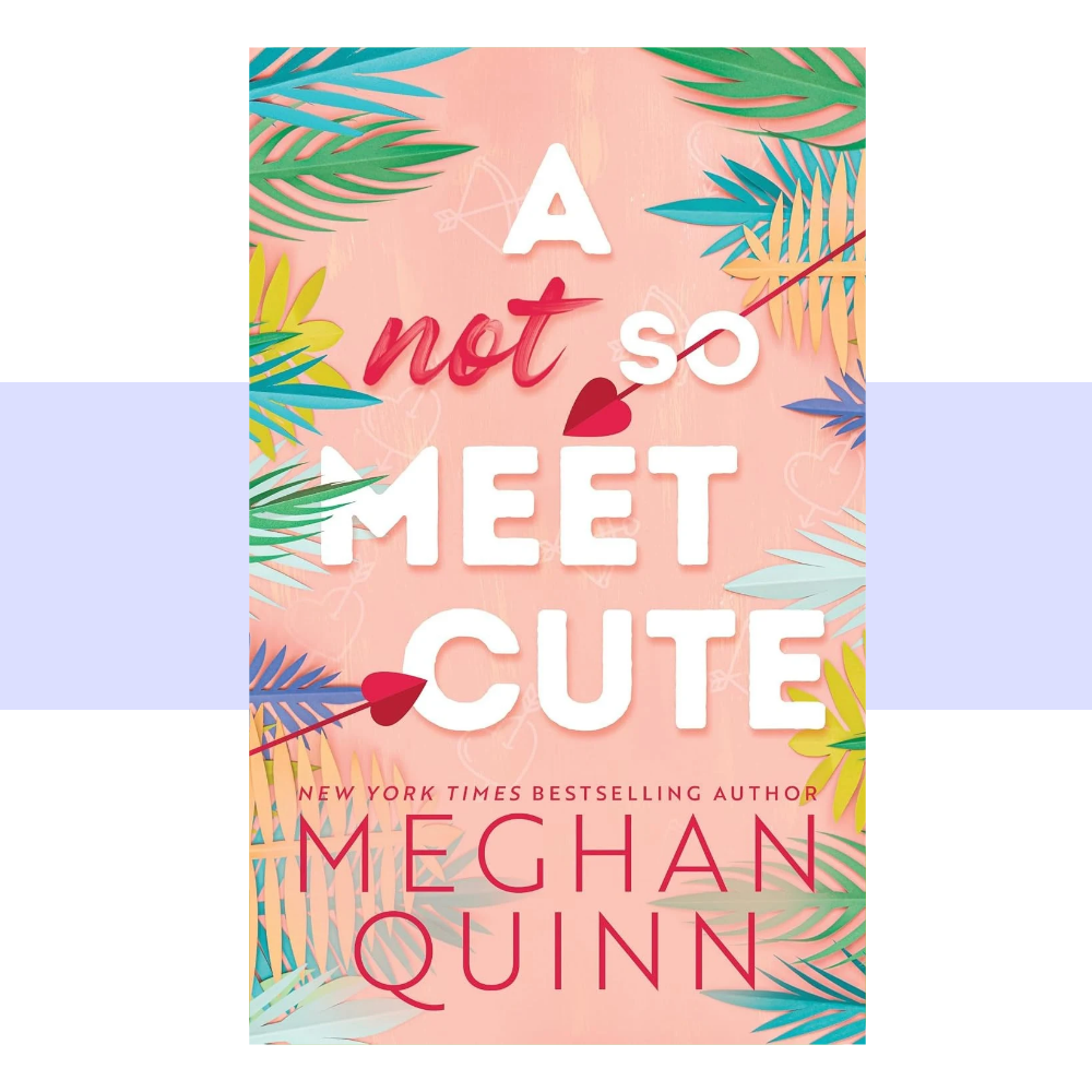A bright, playful contemporary romance cover featuring a cheerful pastel pink and cream color palette. The title "A NOT SO MEET CUTE" is displayed prominently in large, bold lettering, with the words arranged in a fun, eye-catching design. The cover features illustrated romantic imagery associated with the story, including a stylish Beverly Hills setting and playful visual details that emphasize the book's romantic-comedy tone. Meghan Quinn's name appears prominently in contrasting lettering at the bottom.