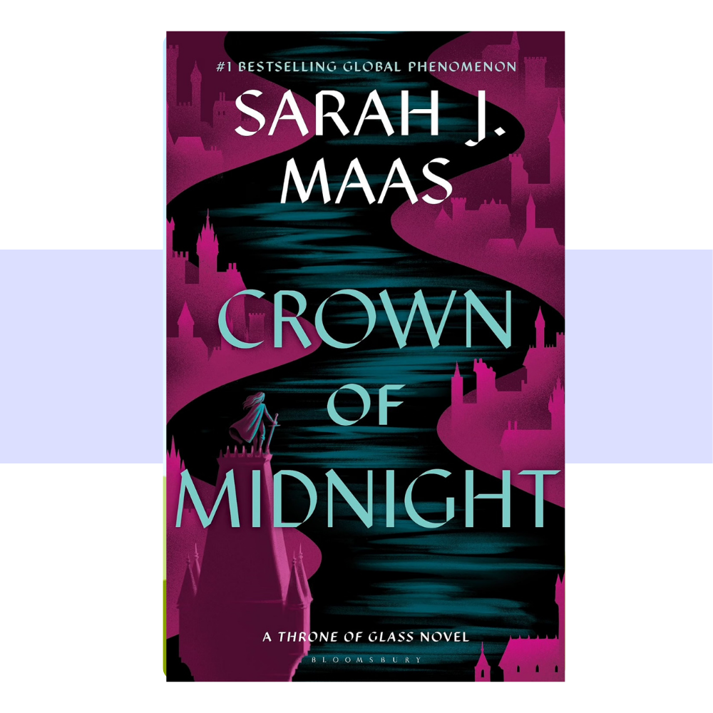 Book cover for Crown of Midnight by Sarah J. Maas. Title in teal print on dark pink background of castles in silhouette with a dark river running through the middle. A character standing atop a rampart. 
