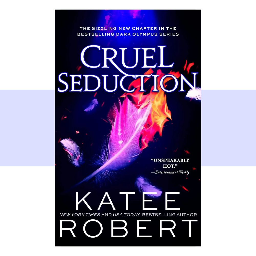 Book cover for Cruel Seduction by Katee Robert. The cover has a deep navy-black background with the title “CRUEL SEDUCTION” displayed prominently across the upper and middle portion in large white serif lettering with a subtle luminous blue-purple edge. The center features a dramatic arrangement of brightly colored feathers, including vivid magenta, hot pink, purple, orange, red, and yellow, with several smaller blue, lavender, and reddish feathers scattered across the dark background. 