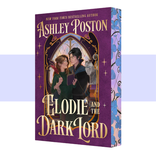 Book cover for 'Elodie and the Dark Lord' by Ashley Poston, featuring a purple background with gold lettering and an illustration of a couple embracing in front of a stained-glass window, with a cat in the background.