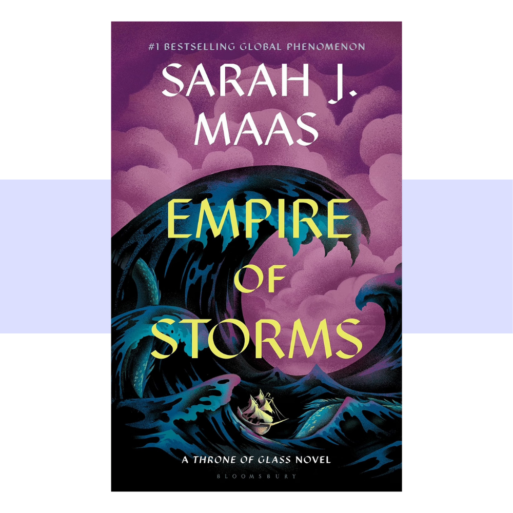 Book cover of Empire of Storms by Sarah J Maas. Background of purple clouds with a small boat engulfed in large dark waves in the foreground.