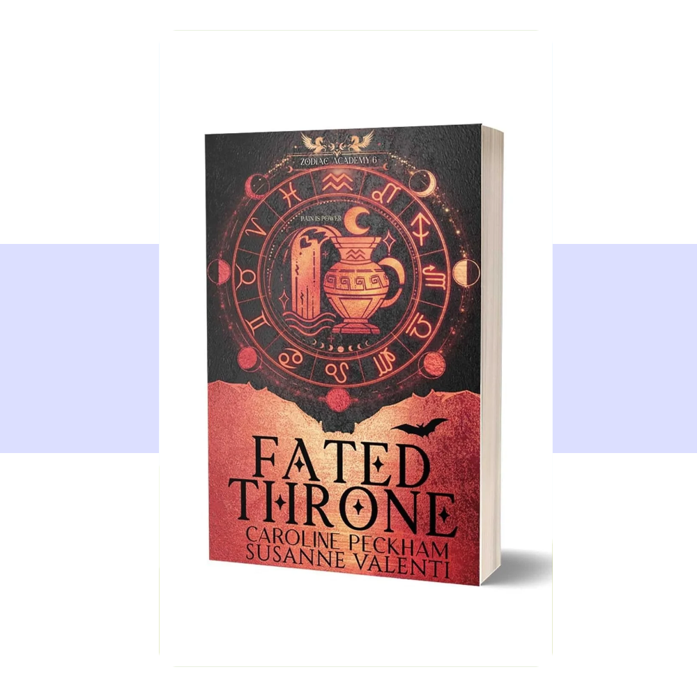 The cover of Zodiac Academy 6: Fated Throne features a dark, dramatic fantasy design with a predominantly black and deep midnight-blue background, accented by metallic gold detailing. An ornate circular zodiac emblem and intricate celestial symbols evoke astrology, magical destiny, and the struggle for royal power. The title "FATED THRONE" appears in prominent decorative gold lettering, with "ZODIAC ACADEMY 6" incorporated into the design. Caroline Peckham and Susanne Valenti's names appear in gold.
