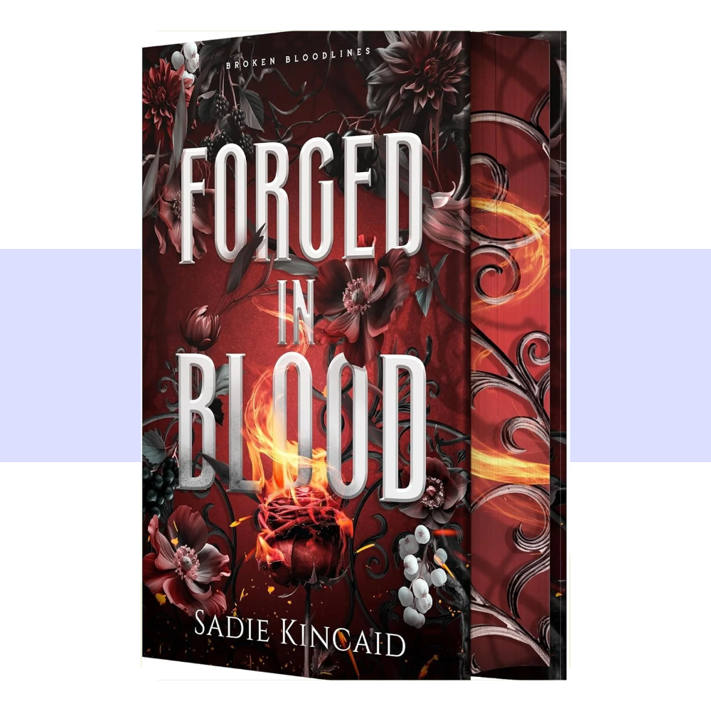 The cover of Forged in Blood by Sadie Kincaid features dark, dramatic fantasy artwork with rich red and black tones, creating a moody supernatural atmosphere. The title and author’s name stand out against the detailed design, while the deluxe first print run adds sprayed edges with stenciled artwork.