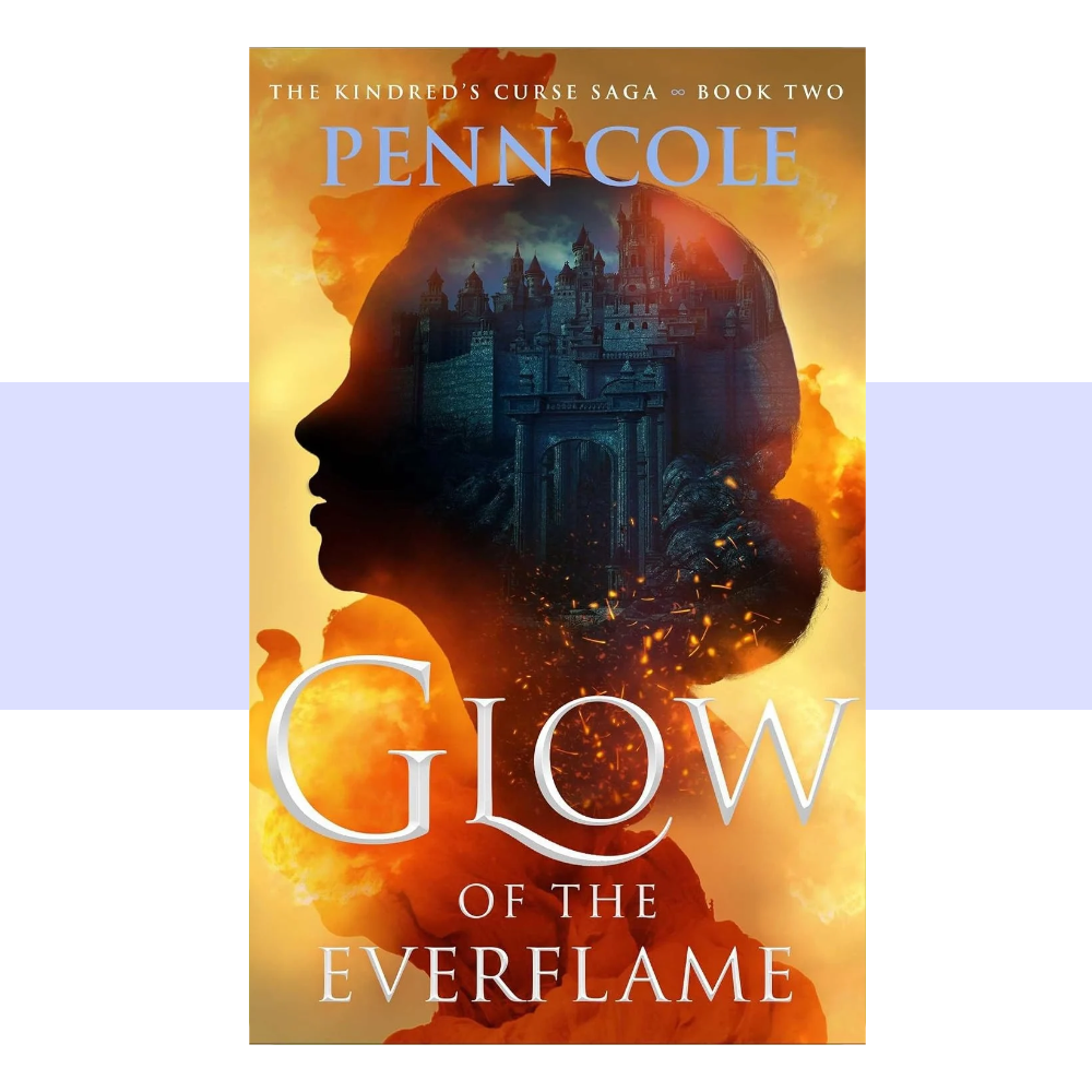 The collectible hardcover cover of Glow of the Everflame features a dramatic profile silhouette of a woman facing left, rendered in deep black and dark blue. Within and around her silhouette is a towering, shadowy castle with glowing windows and architectural details, surrounded by swirling clouds, sparks, and fiery light. The background transitions through vivid shades of golden yellow, amber, orange, and deep red, creating the appearance of flames surrounding the dark figure and castle. 