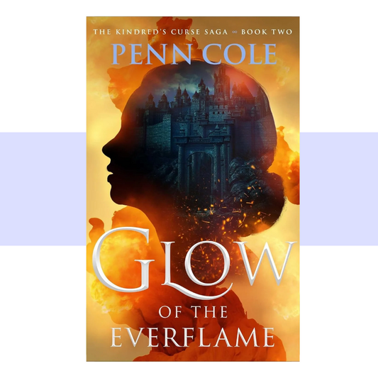 The collectible hardcover cover of Glow of the Everflame features a dramatic profile silhouette of a woman facing left, rendered in deep black and dark blue. Within and around her silhouette is a towering, shadowy castle with glowing windows and architectural details, surrounded by swirling clouds, sparks, and fiery light. The background transitions through vivid shades of golden yellow, amber, orange, and deep red, creating the appearance of flames surrounding the dark figure and castle. 