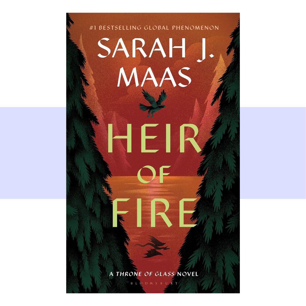 Book cover for Heir of Fire by Sarah J. Maas. Red background of lake with flying and swimming creatures. Dark and large pines in foreground.