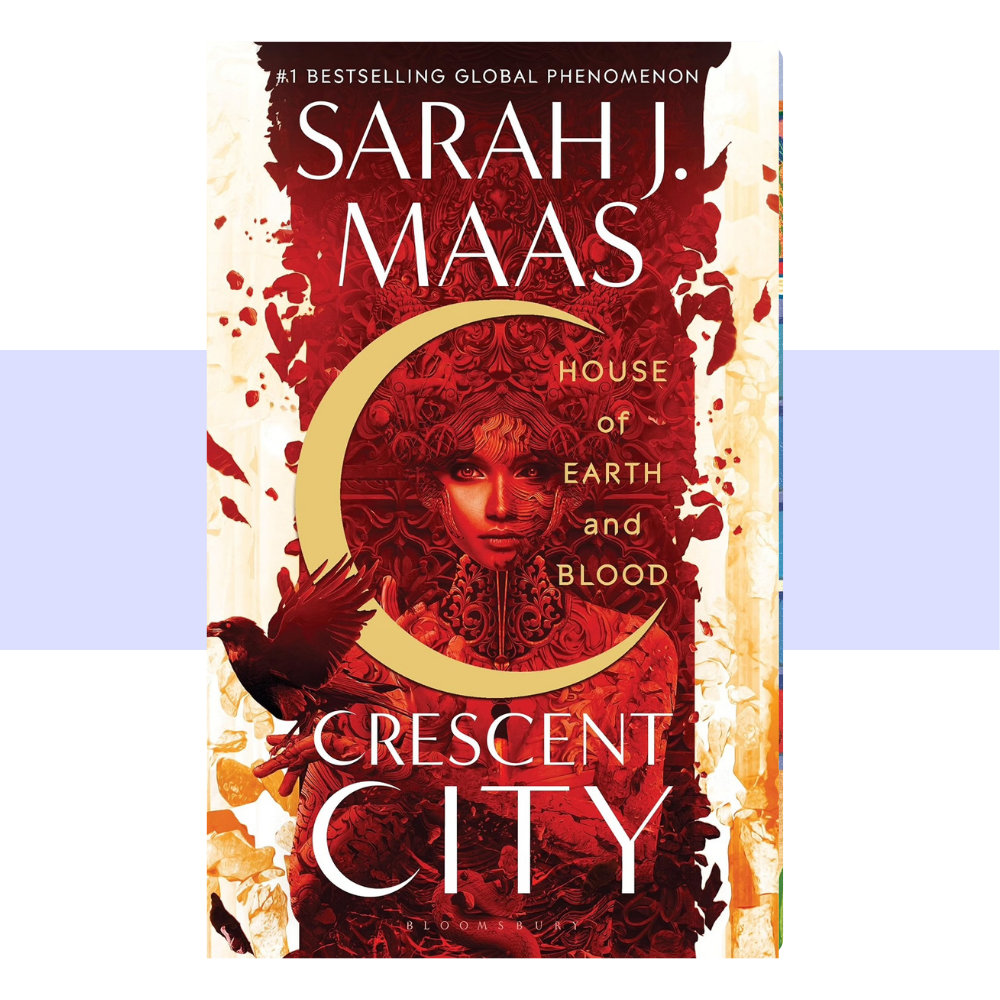 House of Earth and Blood: Crescent City by Sarah J Mass. Woman all in red ink posed behind a crescent moon in yellow with a red bird.