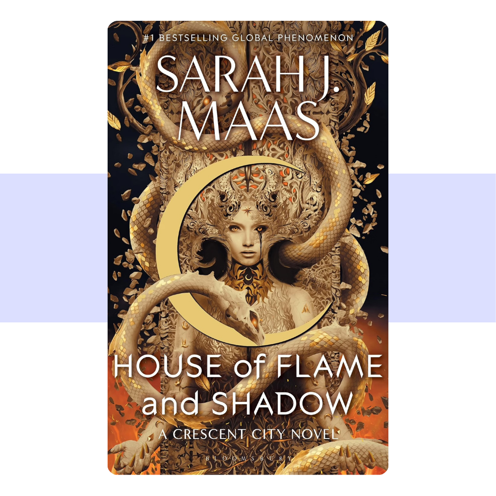 Book cover for 'House of Flame and Shadow' by Sarah J. Maas, featuring a woman surrounded by golden snakes and a crescent moon on a dark background, with the title in large white text at the bottom.