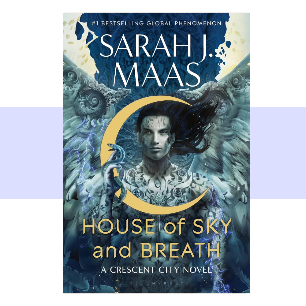 House of Sky and Breath by Sarah J Maas. Pencil drawing of man with flowing hair pictured in yellow crescent mood on background of feathers/ wings in blue hue.