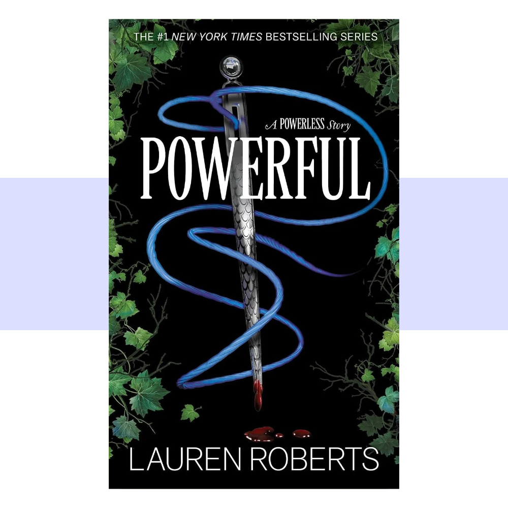 Special Edition cover of Powerful: A Powerless Story by Lauren Roberts. The cover features a dark, atmospheric fantasy design with a predominantly black and deep charcoal background. A young woman is prominently featured in the center, surrounded by dramatic shadows and smoky textures, with muted red and warm golden tones adding contrast to the otherwise dark palette. The title “POWERFUL” appears prominently in large, elegant serif lettering in a pale cream or white color, with “A POWERLESS STORY”.
