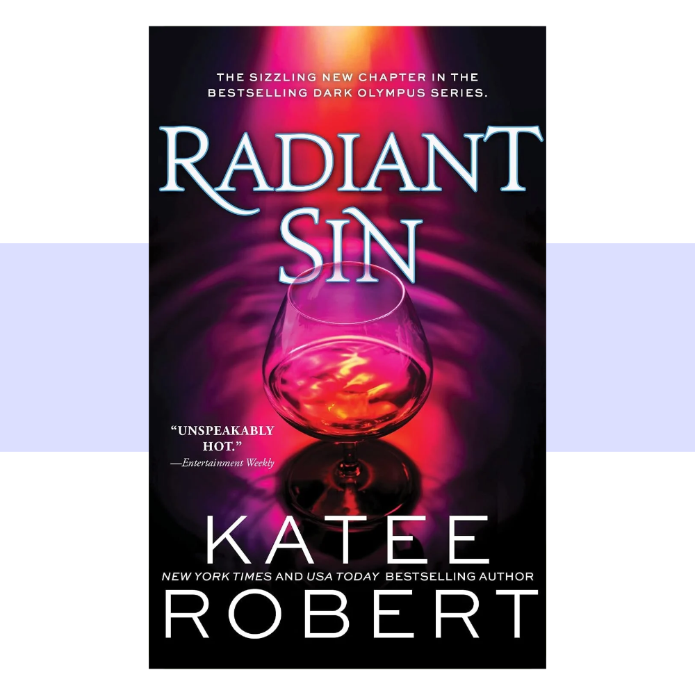 Book cover for Radiant Sin by Katee Robert, featuring a dark and sensual romantic design inspired by the modern Greek mythology world of Dark Olympus, with imagery evoking Apollo's golden, dangerous world and the intense chemistry between Apollo and Cassandra.