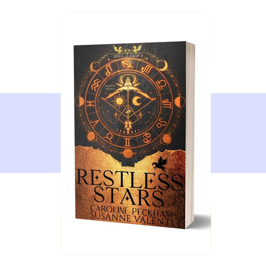 The cover of Restless Stars features a dark, celestial fantasy design inspired by the Zodiac Academy world. The artwork uses a dramatic palette of black and deep midnight blue, accented with metallic gold and luminous celestial details. Intricate zodiac symbols and an ornate astrological motif evoke the power of the stars and the characters' fated destinies. The title "RESTLESS STARS" is displayed prominently in bold, decorative gold lettering, with the authors' names in black.