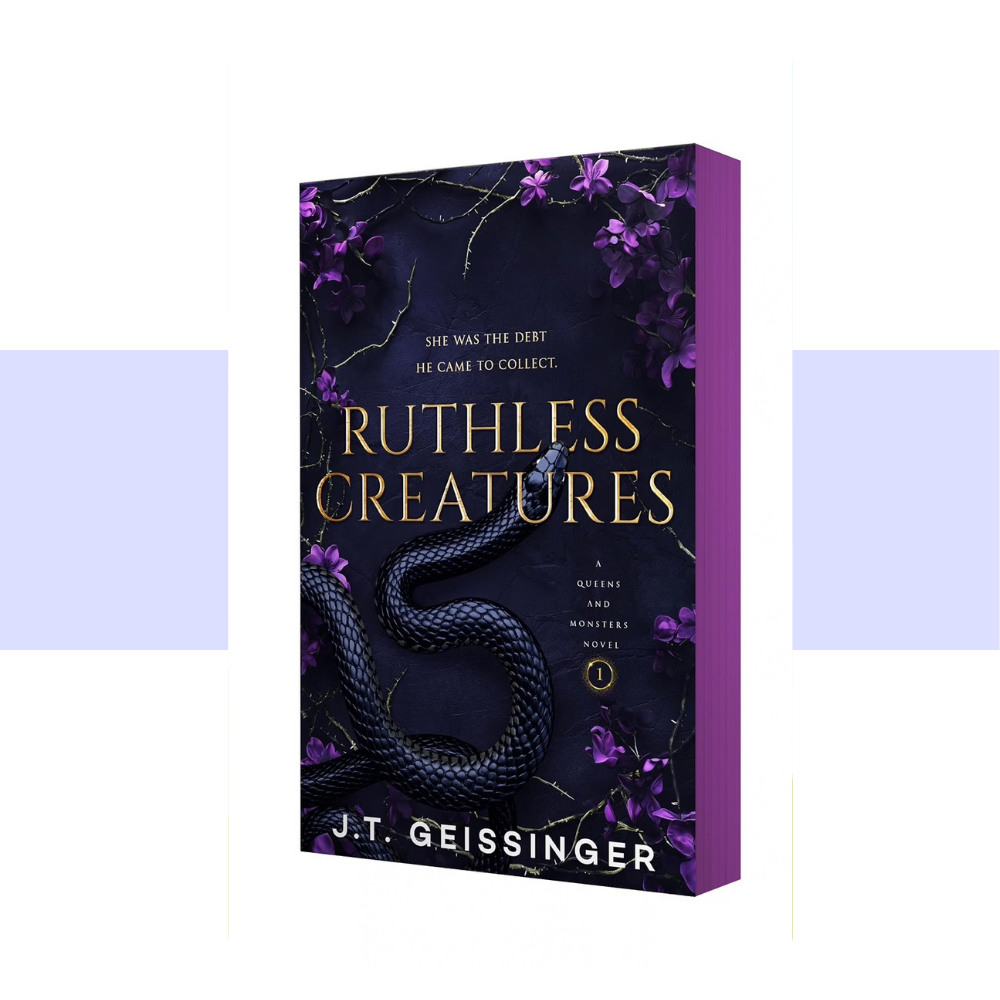 Book cover text Ruthless creatures by J.T. Geissinger. Title in gold on a dark purple background featuring a dark snake and bordered by light purple flowers on a vine.