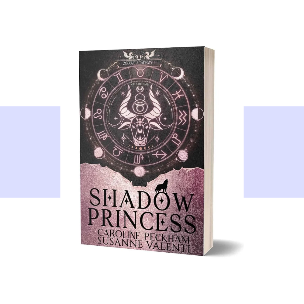 The cover of Zodiac Academy 4: Shadow Princess features a dark, atmospheric fantasy design with a predominantly black and midnight-blue background accented by ornate metallic gold details. An intricate zodiac-inspired emblem and celestial symbols evoke ancient magic, hidden power, and the influence of fate. The title "SHADOW PRINCESS" appears prominently in large, decorative gold lettering, with "ZODIAC ACADEMY 4" incorporated into the design. Caroline Peckham and Susanne Valenti's names appear in gold.