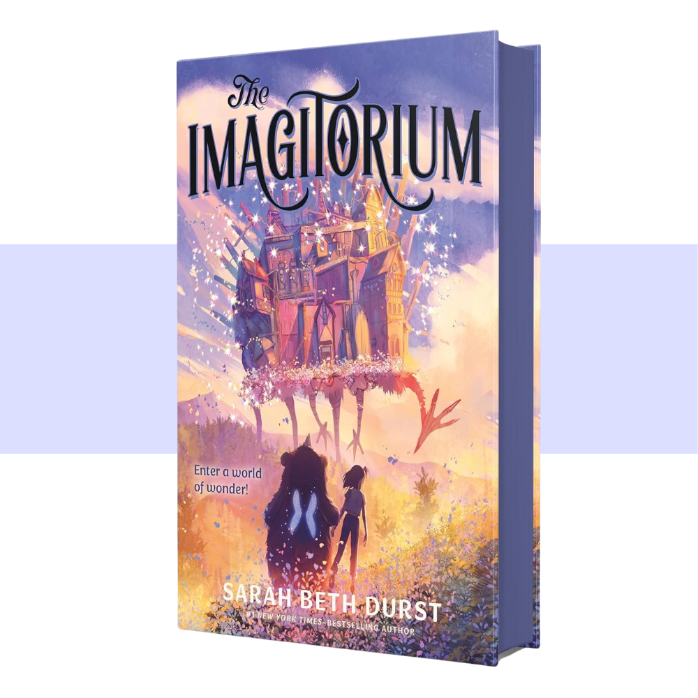 The Imagorium book by Sarah Beth Durst, featuring a fantasy illustration of a magical castle and two silhouetted figures in a glowing landscape, shown as a 3D book mockup against a white background with a light purple horizontal band.