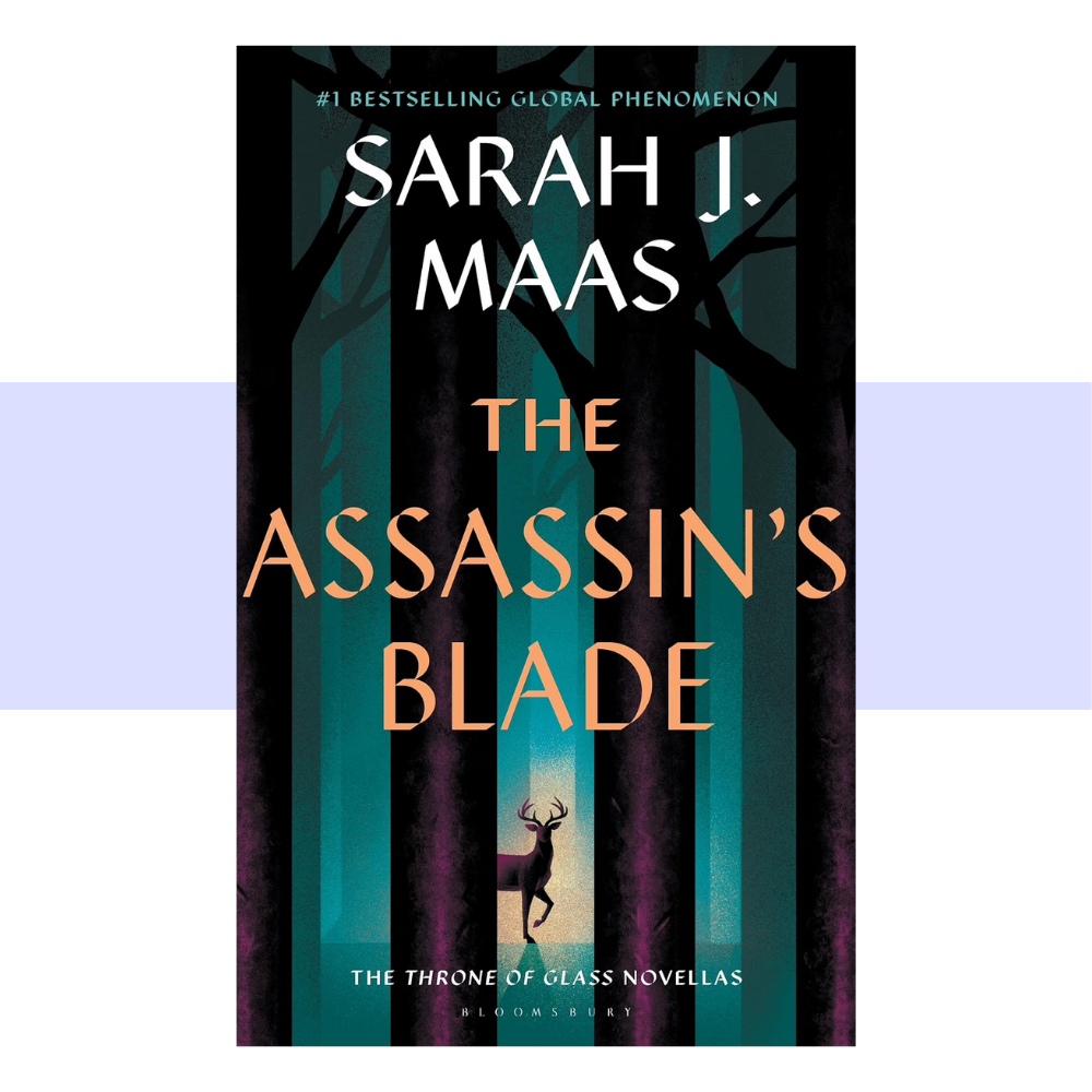 Book cover for 'The Assassin's Blade' by Sarah J. Maas, featuring a dark forest with teal and purple vertical tree trunks, large orange title text, and a small deer silhouette near the bottom.