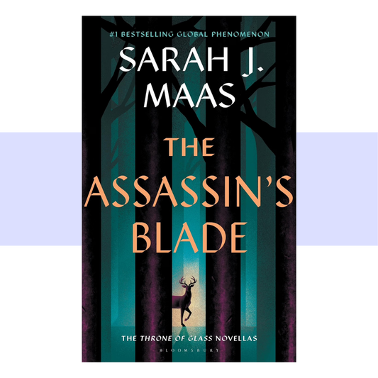 Book cover for 'The Assassin's Blade' by Sarah J. Maas, featuring a dark forest with teal and purple vertical tree trunks, large orange title text, and a small deer silhouette near the bottom.