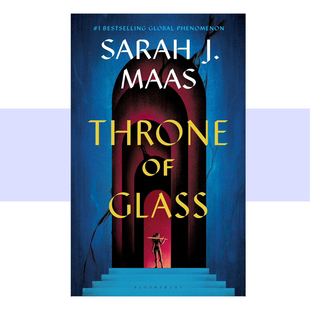 Book cover for Throne of Glass by Sarah J. Maas. Book title in yellow writing on blue background of stone arched entryway leading to dark red hallway. Figure of woman carrying a sword entering the arch.