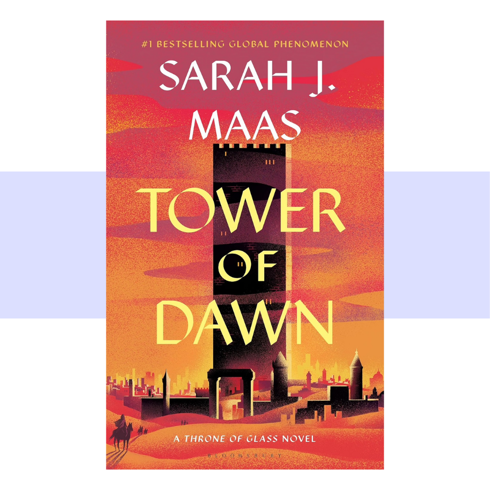 Book cover for Tower of Dawn by Sarah J Maas. Red and orange background featuring a dark tower. Writing in yellow and white.
