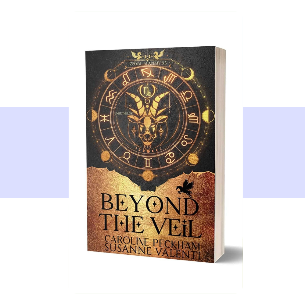 The cover of Zodiac Academy 8.5: Beyond the Veil by Caroline Peckham and Susanne Valenti features a dark, atmospheric background with a prominent gold celestial zodiac wheel and intricate star patterns. The ornate gold imagery evokes astrology, supernatural power, and the mysterious boundary between life and death. The title, Beyond the Veil, appears in gold lettering, with the Zodiac Academy series branding and the authors’ names integrated into the cover design. 