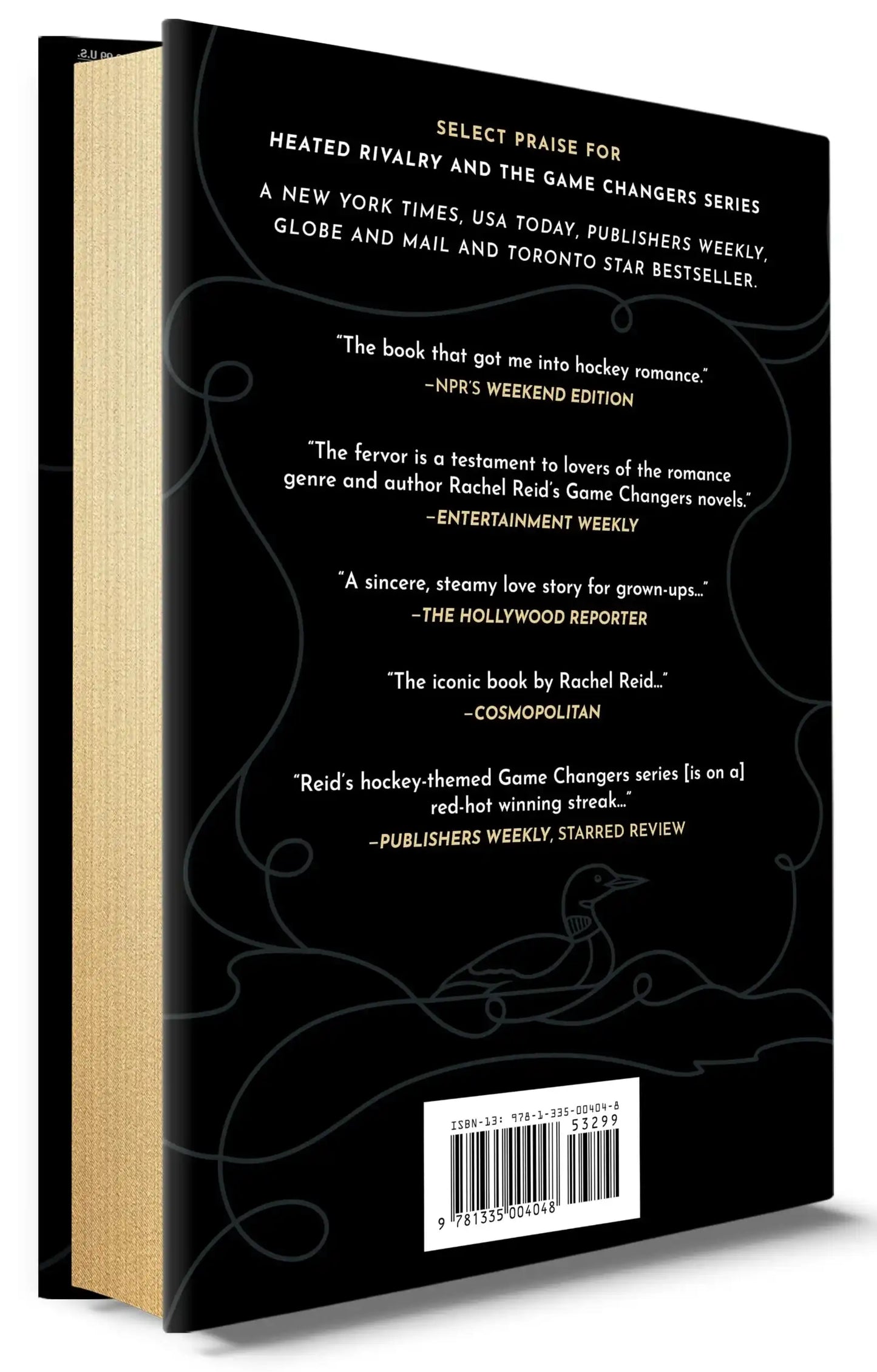 The back cover of a book shown at a three-quarter angle, featuring a black background with white text reviews, a barcode, and a gold-toned page block visible on the left side.